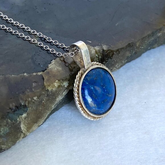 950 Silver Dainty Round Lapis Lazuli Pendant Cabochon Necklace 18" Cable Chain - Picture 6 of 16